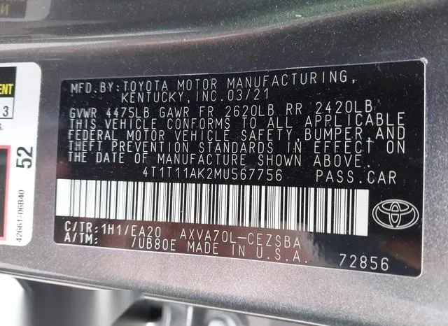 4T1T11AK2MU567756 2021 2021 Toyota Camry- SE 9