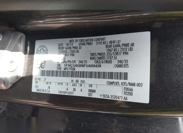 1FMCU9G99FUA00439 2015 2015 Ford Escape- SE 9