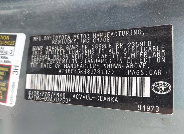 4T1BE46K48U781972 2008 2008 Toyota Camry- LE 9