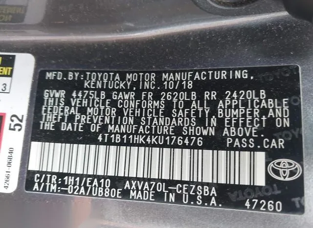 4T1B11HK4KU176476 2019 2019 Toyota Camry- SE 9