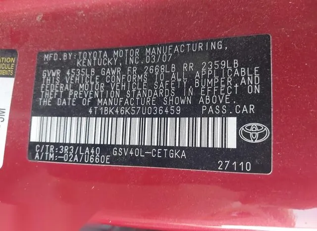 4T1BK46K57U036459 2007 2007 Toyota Camry- Xle V6 9