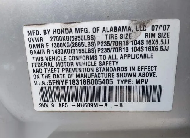 5FNYF18318B005405 2008 2008 Honda Pilot- SE 9