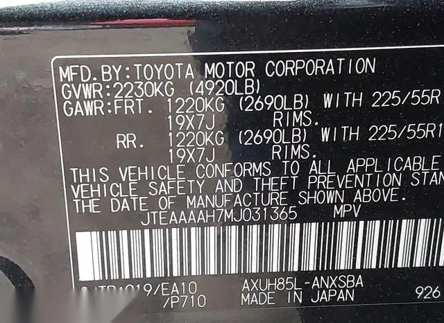 JTEAAAAH7MJ031365 2021 2021 Toyota Venza- Limited 9