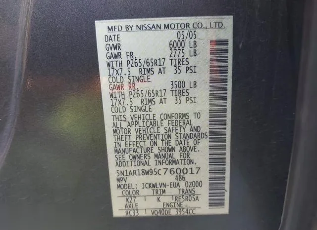 5N1AR18W95C760017 2005 2005 Nissan Pathfinder- LE 9