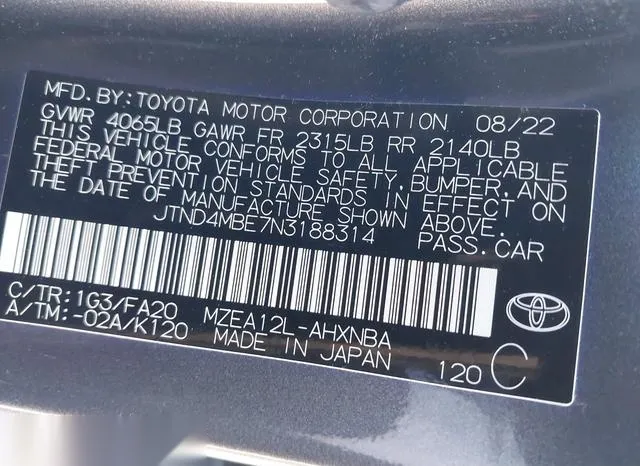 JTND4MBE7N3188314 2022 2022 Toyota Corolla- SE 9