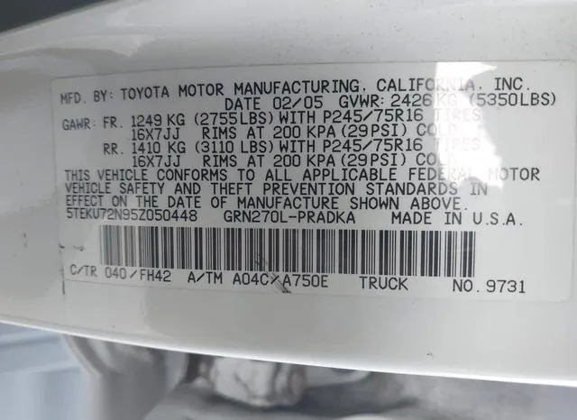 5TEKU72N95Z050448 2005 2005 Toyota Tacoma- Prerunner V6 9