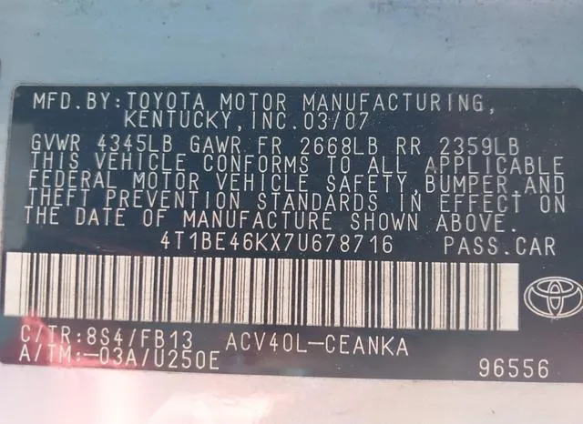 4T1BE46KX7U678716 2007 2007 Toyota Camry- LE 9