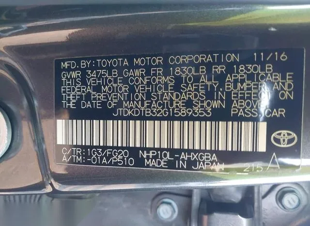 JTDKDTB32G1589353 2016 2016 Toyota Prius- C Three 9