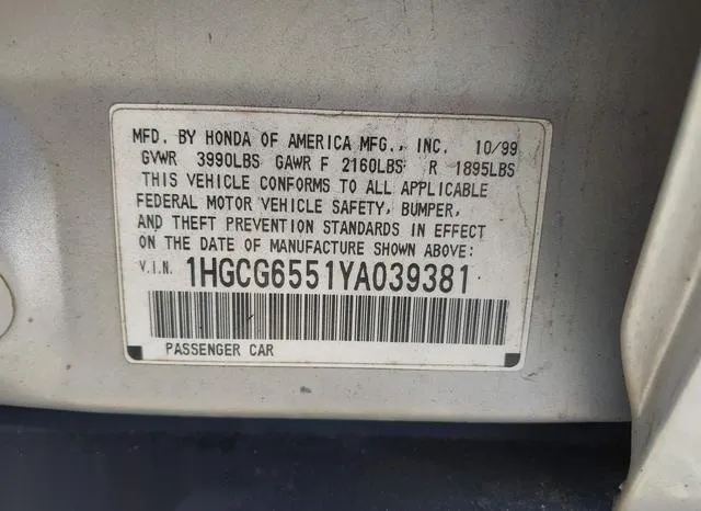 1HGCG6551YA039381 2000 2000 Honda Accord- 2-3 LX 9