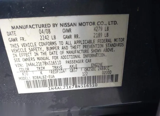 1N4AL21E78N516510 2008 2008 Nissan Altima- 2-5 S 9