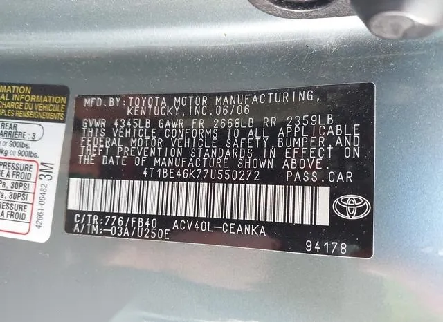 4T1BE46K77U550272 2007 2007 Toyota Camry- LE 9