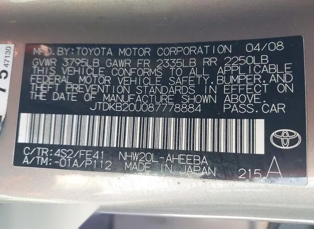 JTDKB20U087778884 2008 2008 Toyota Prius 9