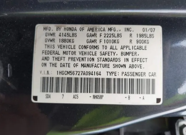 1HGCM56727A094164 2007 2007 Honda Accord- 2-4 EX 9