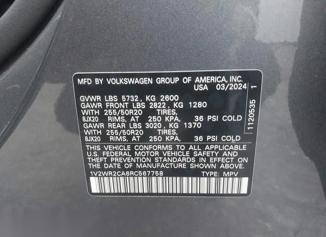 1V2WR2CA6RC567758 2024 2024 Volkswagen Atlas- 2-0T Se W/Tec 9