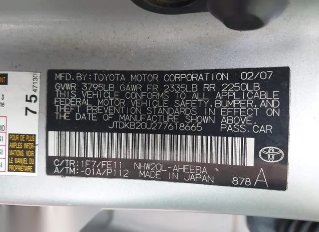 JTDKB20U277618665 2007 2007 Toyota Prius 9