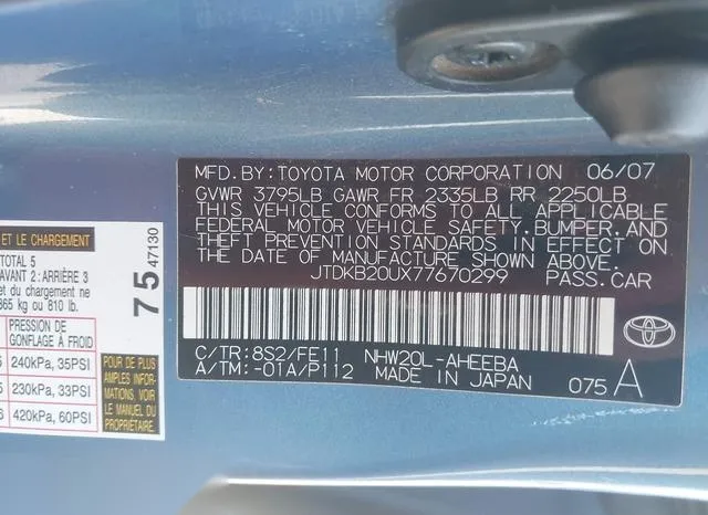 JTDKB20UX77670299 2007 2007 Toyota Prius 9