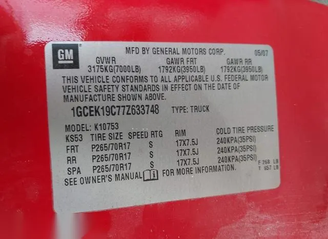 1GCEK19C77Z633748 2007 2007 Chevrolet Silverado 1500- LT1 9