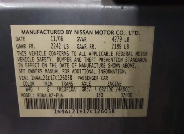 1N4AL21E17C126058 2007 2007 Nissan Altima- 2-5 S 9