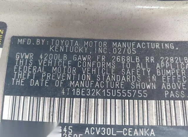 4T1BE32K15U555755 2005 2005 Toyota Camry- LE 9