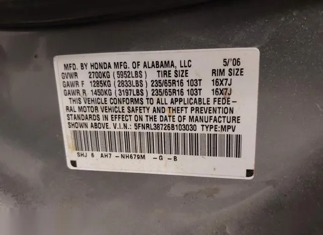 5FNRL38726B103030 2006 2006 Honda Odyssey- Ex-L 9