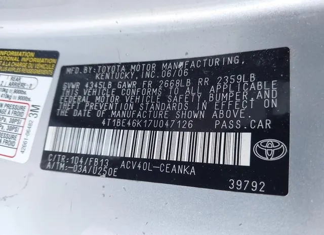 4T1BE46K17U047126 2007 2007 Toyota Camry- LE 9