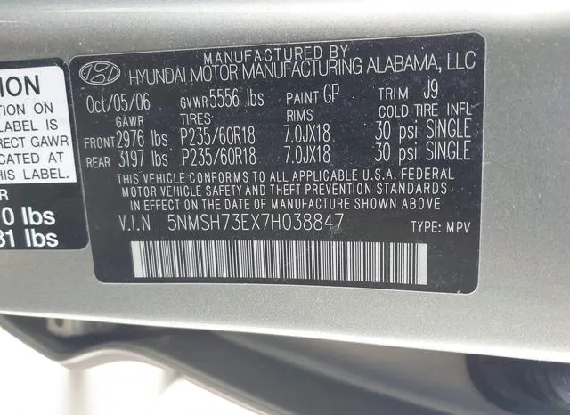 5NMSH73EX7H038847 2007 2007 Hyundai Santa Fe- Limited/Se 9