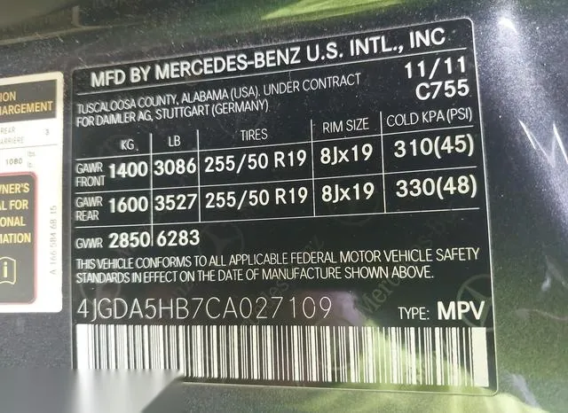 4JGDA5HB7CA027109 2012 2012 Mercedes-Benz ML 350- 4Matic 9