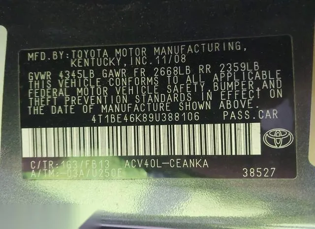 4T1BE46K89U388106 2009 2009 Toyota Camry- LE 9