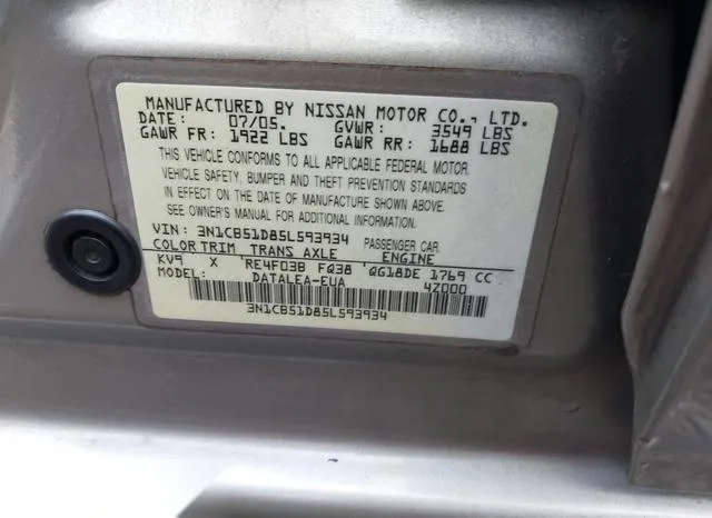 3N1CB51D85L593934 2005 2005 Nissan Sentra- 1-8S 9