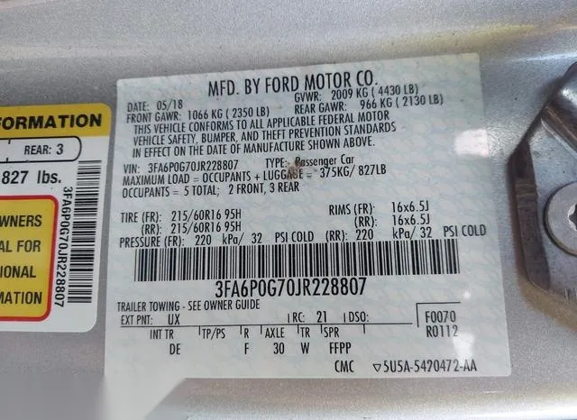 3FA6P0G70JR228807 2018 2018 Ford Fusion- S 9