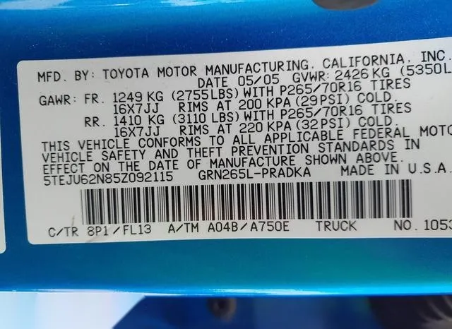 5TEJU62N85Z092115 2005 2005 Toyota Tacoma- Double Cab Preru 9