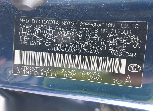 JTDKN3DU0A0137496 2010 2010 Toyota Prius 9