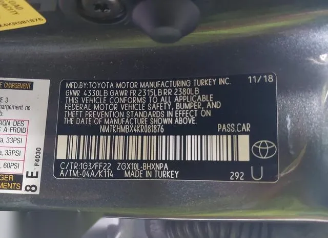 NMTKHMBX4KR081876 2019 2019 Toyota C-HR- Xle 9