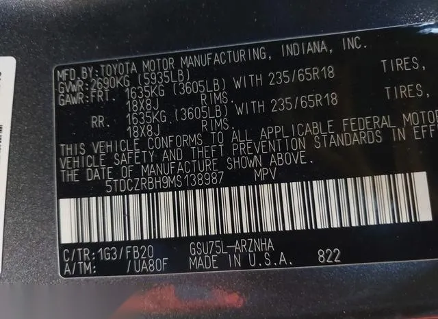 5TDCZRBH9MS138987 2021 2021 Toyota Highlander- L 9