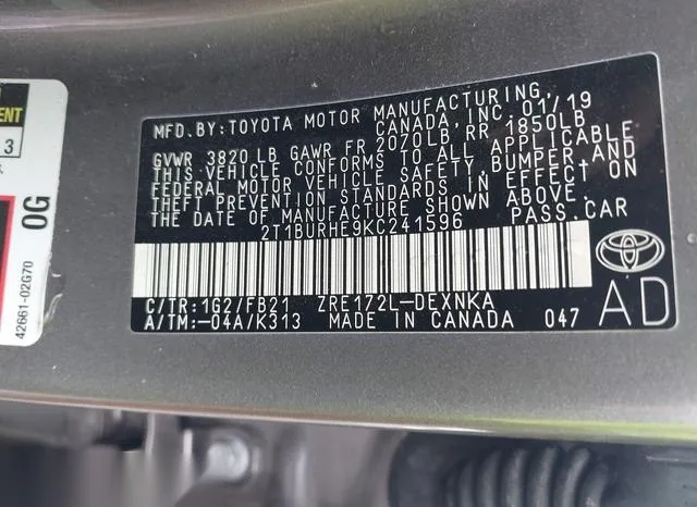 2T1BURHE9KC241596 2019 2019 Toyota Corolla- LE 9