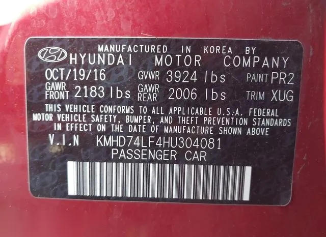 KMHD74LF4HU304081 2017 2017 Hyundai Elantra- SE 9