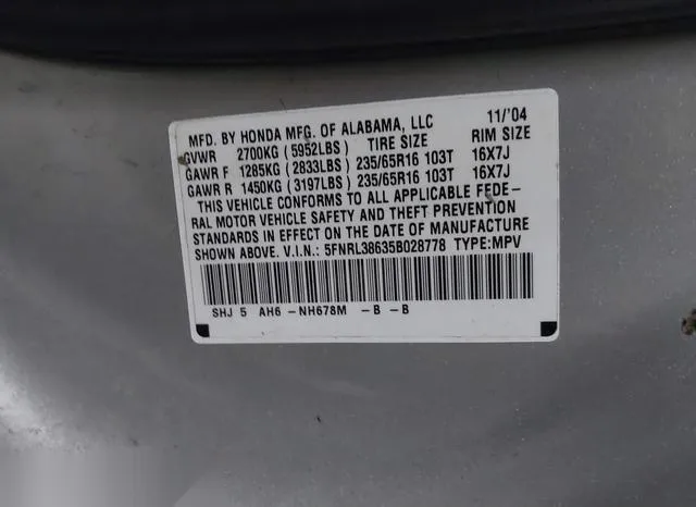 5FNRL38635B028778 2005 2005 Honda Odyssey- Ex-L 9