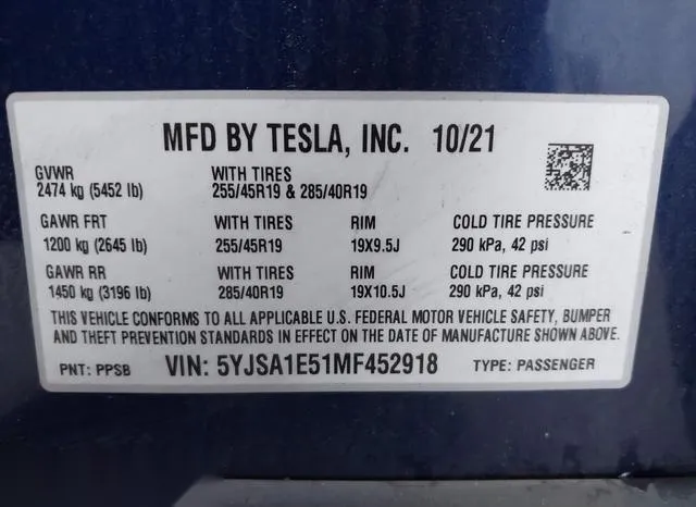 5YJSA1E51MF452918 2021 2021 Tesla Model S- Long Range Dual 9