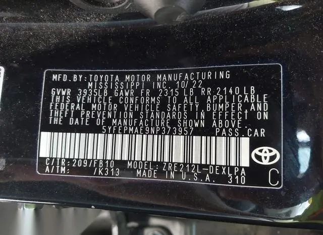 5YFEPMAE9NP373957 2022 2022 Toyota Corolla- LE 9