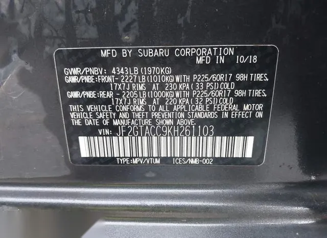 JF2GTACC9KH261103 2019 2019 Subaru Crosstrek- 2-0I Premium 9