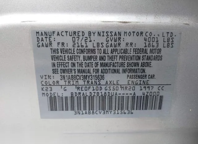 3N1AB8CV3MY315636 2021 2021 Nissan Sentra- Sv Xtronic Cvt 9