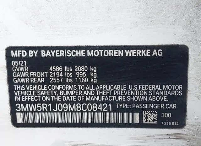 3MW5R1J09M8C08421 2021 2021 BMW 3 Series- 330I 9