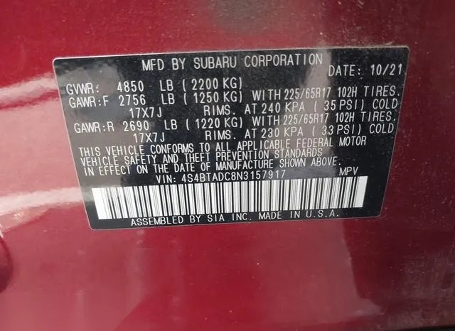 4S4BTADC8N3157917 2022 2022 Subaru Outback- Premium 9