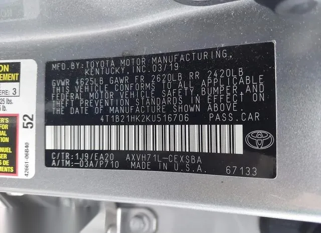 4T1B21HK2KU516706 2019 2019 Toyota Camry- Hybrid SE 9