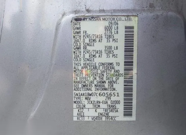 5N1AR18W07C605651 2007 2007 Nissan Pathfinder- S 9