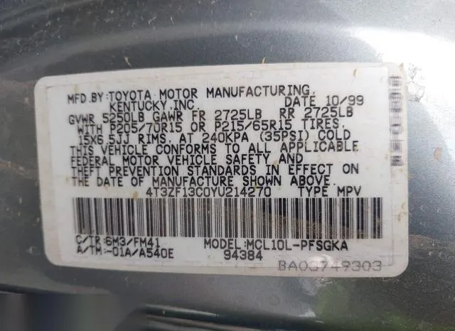 4T3ZF13C0YU214270 2000 2000 Toyota Sienna- Xle 9