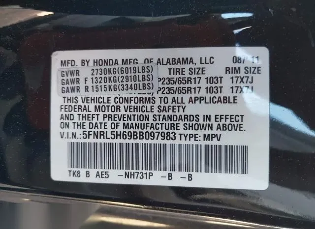 5FNRL5H69BB097983 2011 2011 Honda Odyssey- Ex-L 9