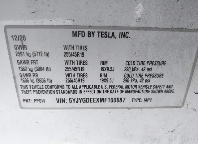 5YJYGDEEXMF100687 2021 2021 Tesla Model Y- Long Range Dual 9