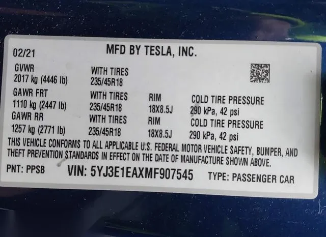 5YJ3E1EAXMF907545 2021 2021 Tesla Model 3- Standard Range P 9