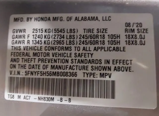 5FNYF5H56MB008366 2021 2021 Honda Pilot- 2Wd Ex-L 9